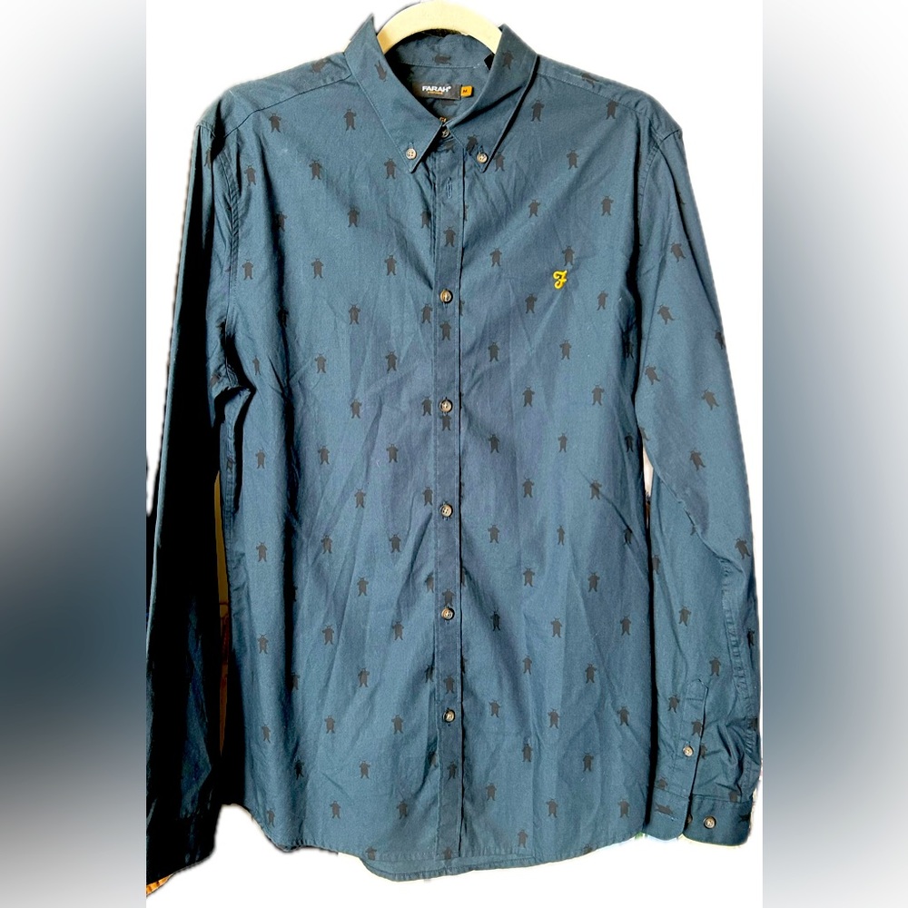 Farah men’s medium navy blue button up dress shirt with spaceman 100% cotton